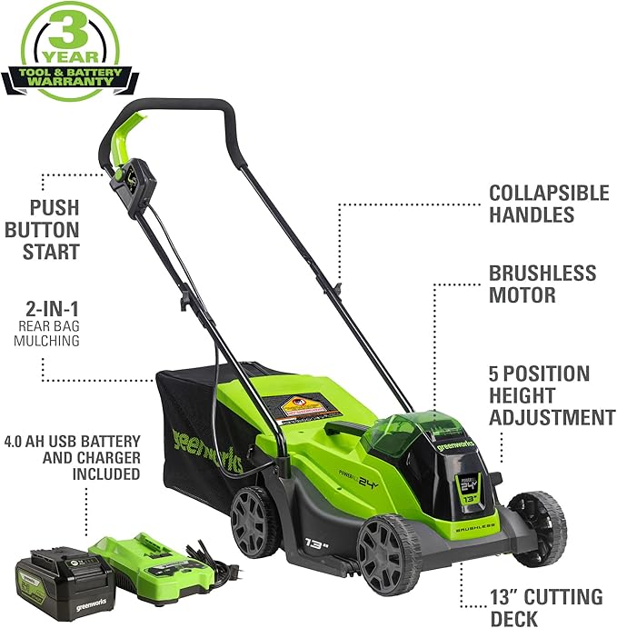Greenworks 24V 13" Brushless Lawn Mower, String Trimmer, 4.0Ah USB Battery and Charger Included