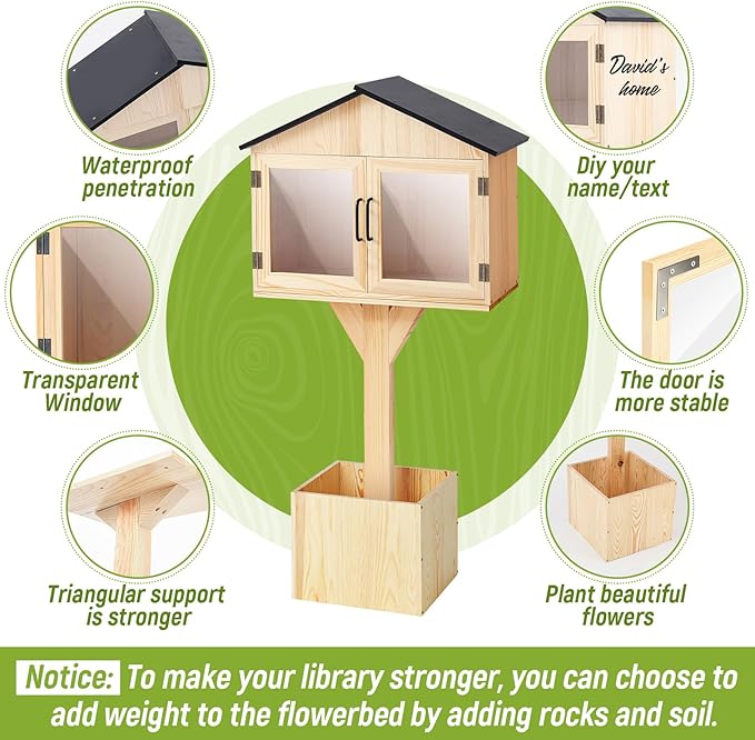 Wonderjune Little Library Box Outdoor Free Library Kit, Durable Weatherproof Solid Wood Book Exchange Box with Floor Plugs and Small Flower Fence for Neighborhoods, Community, Literature, Newspapers
