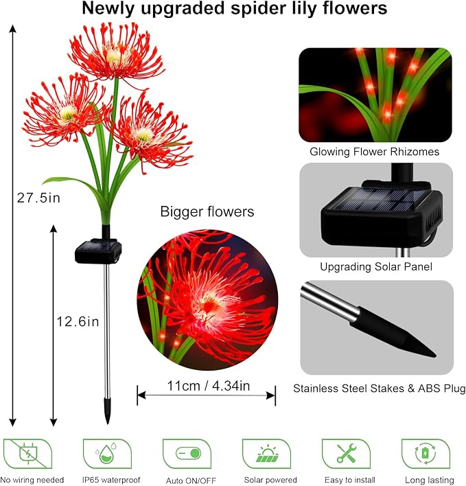 Solar Garden Flower Lights Outdoor, 4 Pack Red Spider Lily with Glowing Stems, Waterproof LED Yard Lawn Pathway Decor, Elegant Patio Garden Decoration, for Mom, Grandma, Women