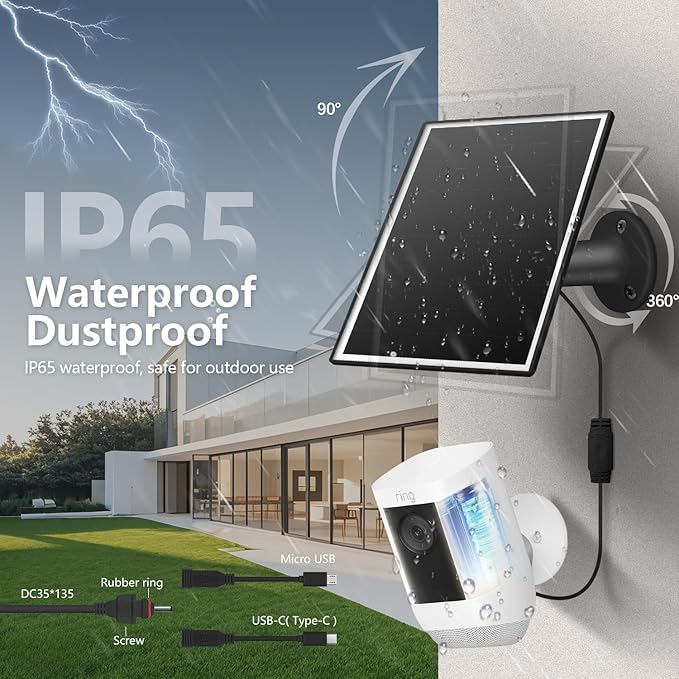 6W Solar Panel Charger for Outdoor Security Cameras. Micro USB/USB - C/DC (35 * 135) Fits Eufy/Wyze/Ring Camera, 9.8ft Cable,Waterproof Stabilization System for Battery Protection Fast Charging