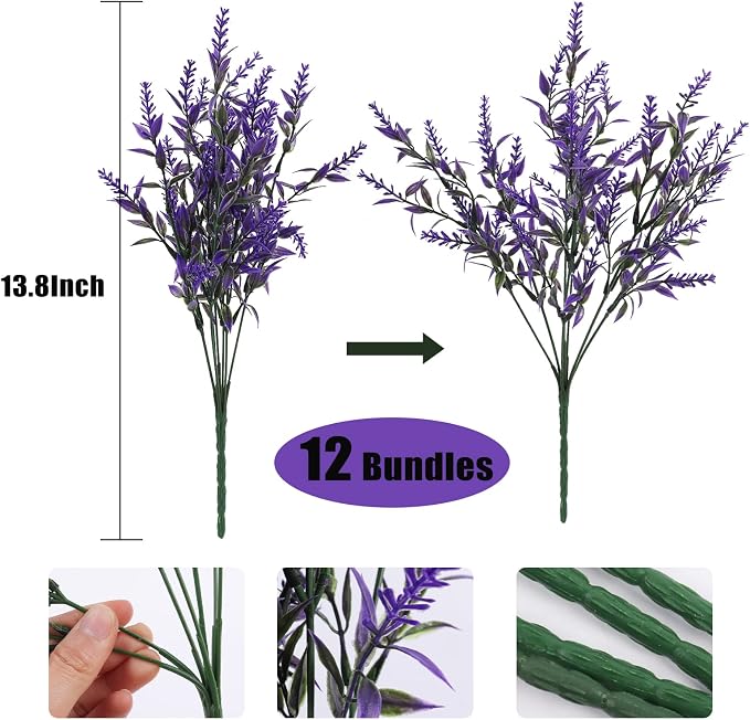 RECUTMS Artificial Plants Outdoor Artificial Lavender Flowers 12 Bundles Outdoor UV Resistant Fake Flowers No Fade Faux Plastic Plants Garden Porch Window Box Decor,Spring Decorations for Home(Purple)
