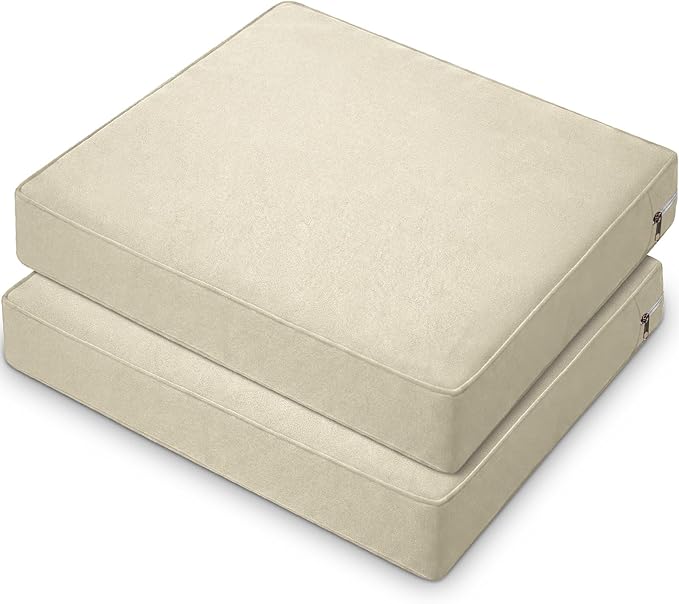 DoubleFill 2 Pcs Outdoor Ottoman Cushion 23"x19"x3" Waterproof Fade Resistant Outdoor Footstools Cushion Removable Patio Ottoman Cushions with Adjustable Fixing Strap for Stool (Beige)