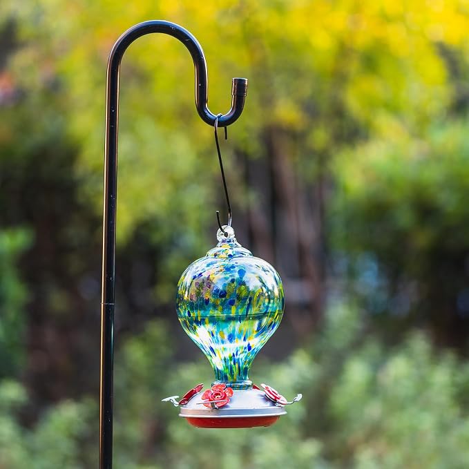 Hummingbird Feeders for Outdoors Hanging, 32OZ Hand Blown Glass Hummingbird Feeder for Outside, 4 Perch Ant Moat Leakproof, Garden Decor, Backyard Bird Gifts for Mom (Blue) | LaElvish Garden Hummingbird Feeders for Outdoors Hanging, 32OZ Hand Blown Gla...