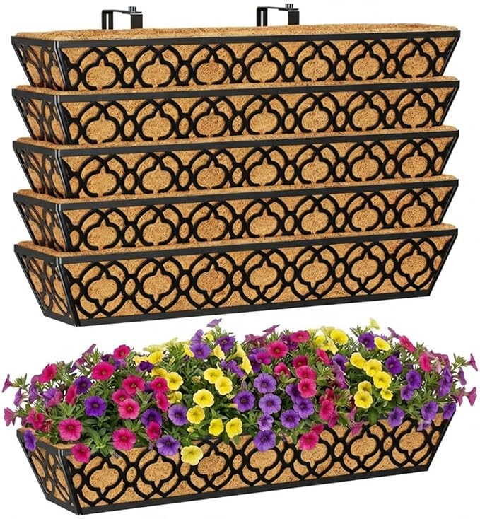 Y&M 6Pcs 30 Inch Large Window Box Railing Planter with Coco Liner, Outdoor Window Flower Boxes Over The Railing Planter Boxes Deck Fence Porch Patio Planter