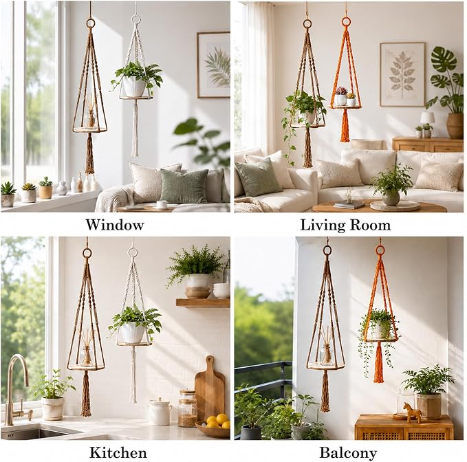 Artilady 2 Pack Macrame Hanging Planter with Wood Shelf, Boho Plant Hanger for Indoor Plants Basket Holder for Window Balcony Kitchen