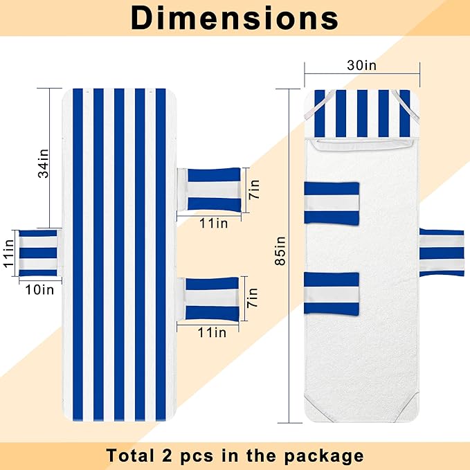 Lounge Chair Towel Cover, Beach Chair Covers (Pack of 2), Chaise Lounge Cover with 3 Pockets for Pool Beach Garden Courtyard Outdoor Trips, 85 x30 in, Striped Dark Blue