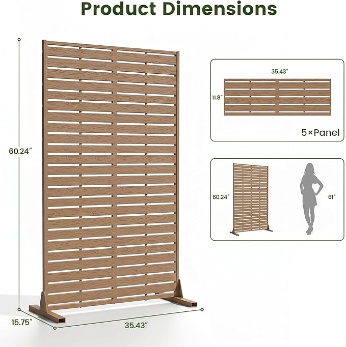 Outdoor Privacy Screen 60" H HDPE Decorative Panel Freestanding Privacy Fence with Stand, Privacy Screens with Louvered 5 Panels, Weather-Resistant Panel Fence for Patio,Balcony,Pool,Brown