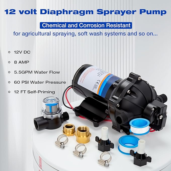 12 Volt Sprayer Pump, Chemical and Corrosion Resistant, 5.5GPM 60PSI 10 Amps Soft Wash Pump, Compatible with Roundup, Pressure Switch and Self-Priming for Agricultural Spraying