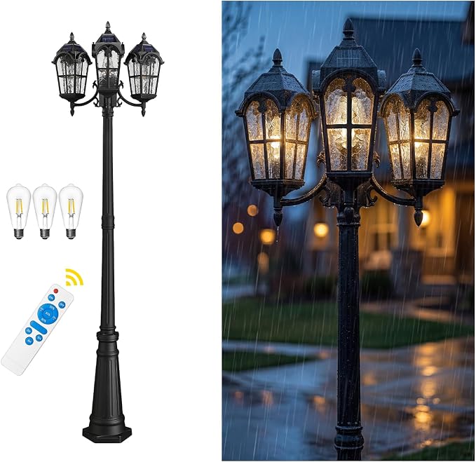 Emliviar 82.7" 3-Head Outdoor Solar Lamp Street Lights, Dusk to Dawn Post Lighting for Driveway Garden, LED Exterior Black Pole Light with Water Grain Glass, YXE302PL-3 SL BK