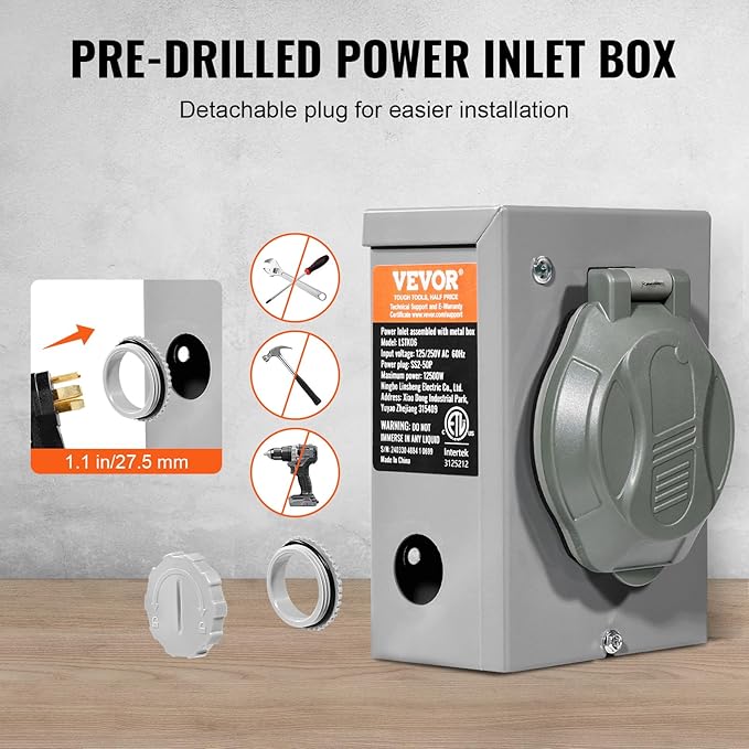 VEVOR 50 Amp Generator Cord and Power Inlet Box Kit, 50FT Generator Extension Cord NEMA 14-50P/SS2-50R STW 6/3+8/1 AWG with Twist Lock Connector, Pre-Drilled Inlet Box, ETL Listed