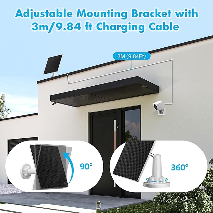 Solar Panel Charger for Security Camera Outdoor, 5W Solar Panels with Micro USB & USB C Adapter for DC 5V Rechargeable Battery Camera, IP65 Waterproof, 360°Adjustable Mounting, 9.8 Ft Charging Cable