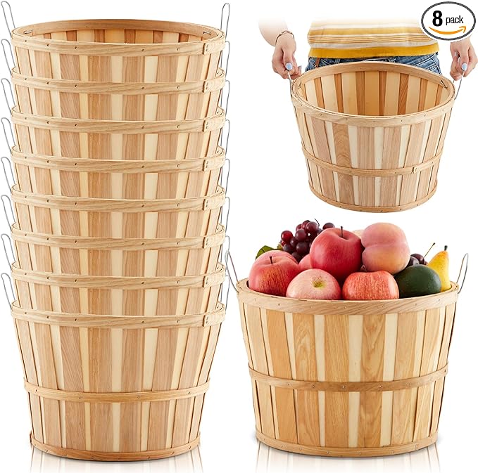 Marsui 8 Pcs Jumbo Half Bushel Baskets, 14 x 9.5 Inch Large Round Wooden Apple Basket with Handles Handcrafted Produce for Farmers Market Harvest Fruit Plants or Commercial Use