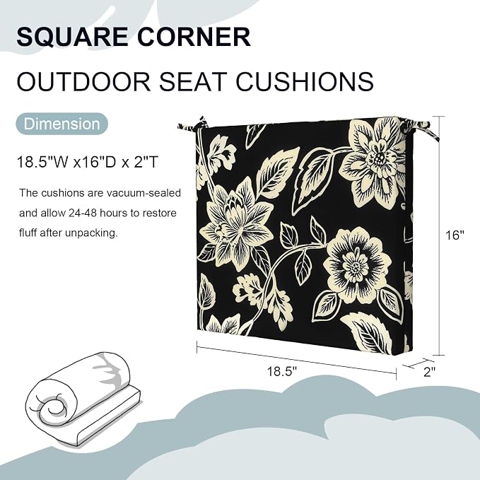 DYTXIII Set of 2 Outdoor Chair Cushions, Water Resistant 18.5"x16"x2" Square Seat Cushion for Patio Dining Chairs, High-Density Replacement Pads for Indoor Outdoor Furniture - Vines Black