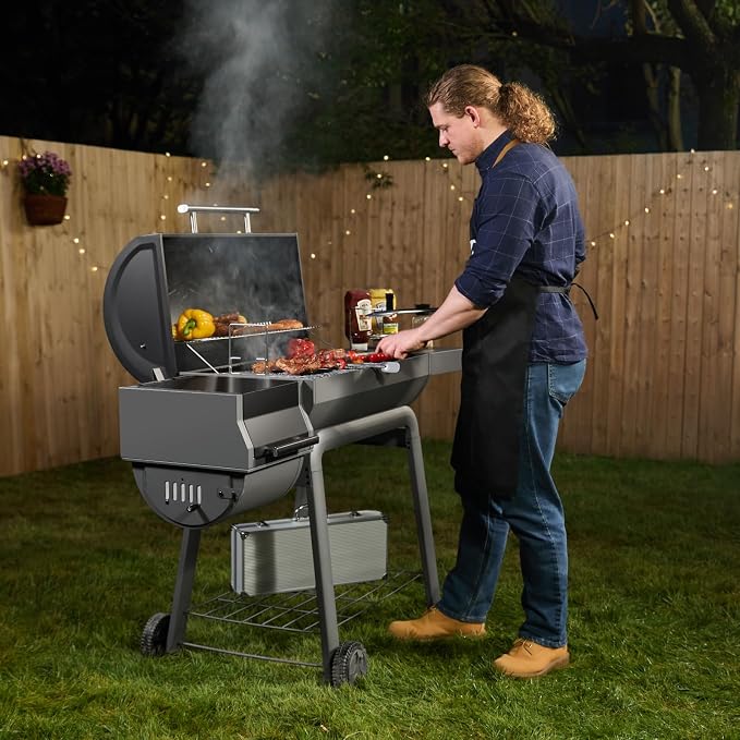 Feasto Heavy-Duty 30-Inch Charcoal Grill with Offset Smoker Grill | Side Table & 815 Sq. In Cooking Space, Outdoor BBQ Grill for Outdoor Barbecue in Backyard, Patio and Parties, Black