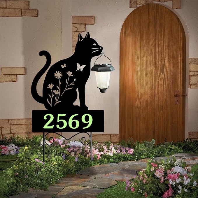 Solar Address Signs for Houses,Metal Cat House Number Outside Yard Stakes | Glow in The Dark Decorative Outdoor Ornaments for Garden,Lawn,Pathway,Patio