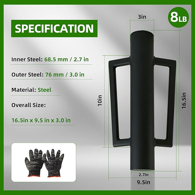 Fence Post Driver with Handle 16.5 Inch T Post Driver, 8LB Heavy Duty Hand Post Pounder, 2.7 inch Inner Diameter Hand Post Rammer for Metal Fence Stake, U Channel, Sign Post