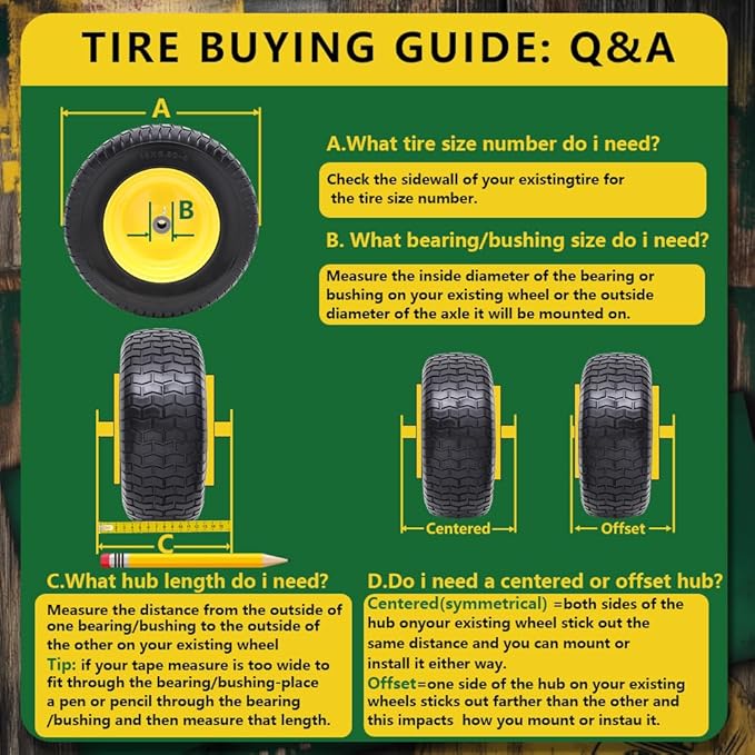 16x6.50-8 Tire and Wheel Assembly (2 Pack), Pre-Installed 3/4" Bushing, 3" Offset Hub, Flat Free Solid Rubber Tire, For Compatible 3/4" Axle Lawn & Garden Equipment (Yellow)