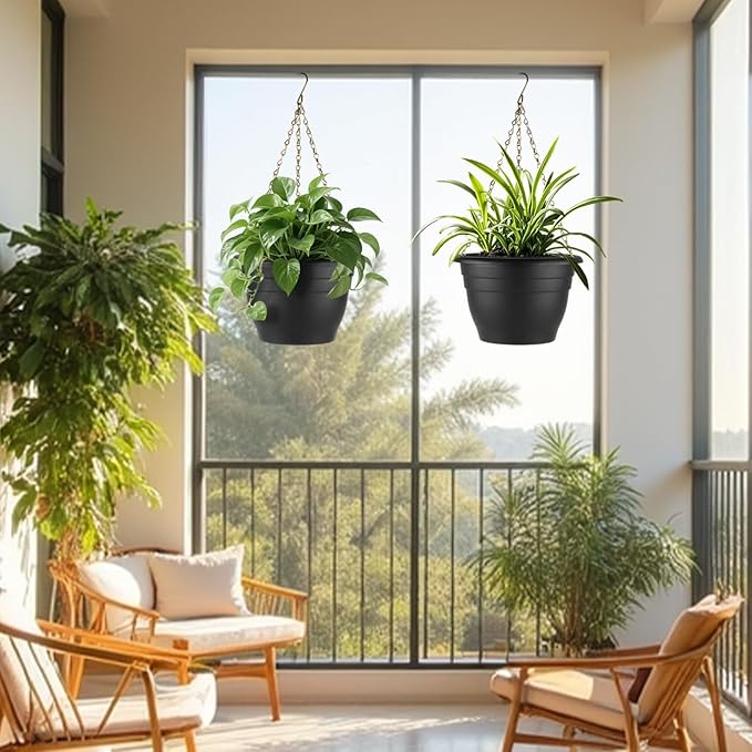 RooTrimmer 5 Pack 10 Inch Plant Pots Plastic Planters with Drainage Holes & Plugs,Lightweight Flower Pots for Indoor Outdoor Plants,Flowers,Monstera,Snake Plant,Home Garden(Black)