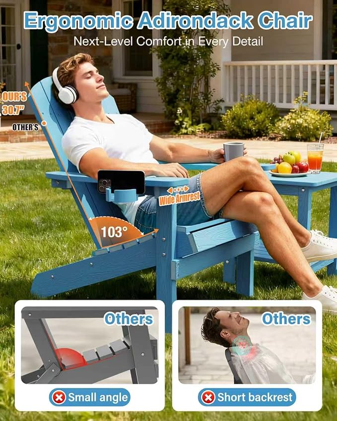 YEFU Adirondack Chairs Set of 6: Outdoor Chair HIPS Plastic Adirondack Chairs - Patio Chairs with Wood Texture - Lawn Fire Pit Deck Porch Garden Chairs for Adults (Blue)