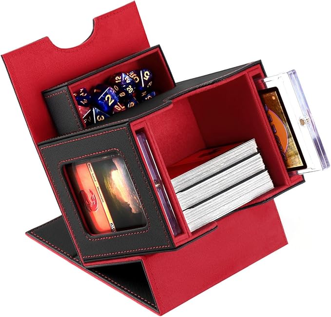 Card Deck Box for MTG with Commander Display Fits 100 Double-Sleeved Cards, Deck Case for EDH/TCG/Sports Cards with 2 Magnetic Card Holders (Black Red)