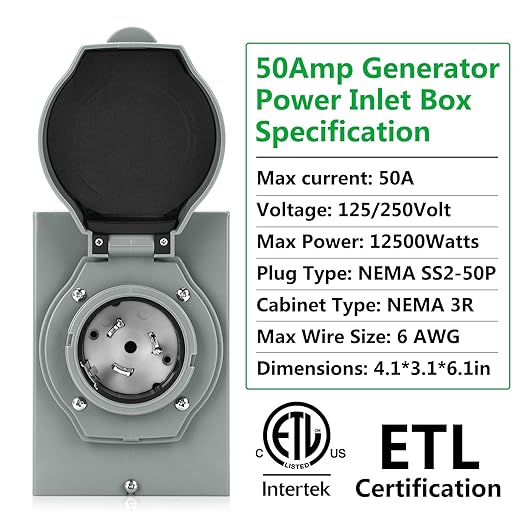 50 Amp Generator Power Inlet Box, ETL Listed NEMA SS2-50P Power Inlet Box for 3 Prong Generator Cord, 125/250 Volt, 12500 Watts Generator Transfer Switch Weatherproof, Outdoor Use