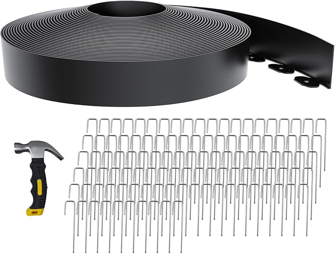 102FT Landscape Edging 3 in Tall with 110 Spikes, Garden Edging Border and 1 Hammer, Plastic Landscape Edging Border Lawn Edging for Landscaping, Flower Beds, Yard