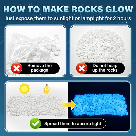 PoYang 500pcs Glow in The Dark Rocks Outdoor - White Resin Glowing Pebbles for Landscaping, Garden, Fish Tank and Aquarium Indoor Decor, Powered by Sunlight or Lamplight (0.4"-0.7"/pc, 0.6lbs/Bag)