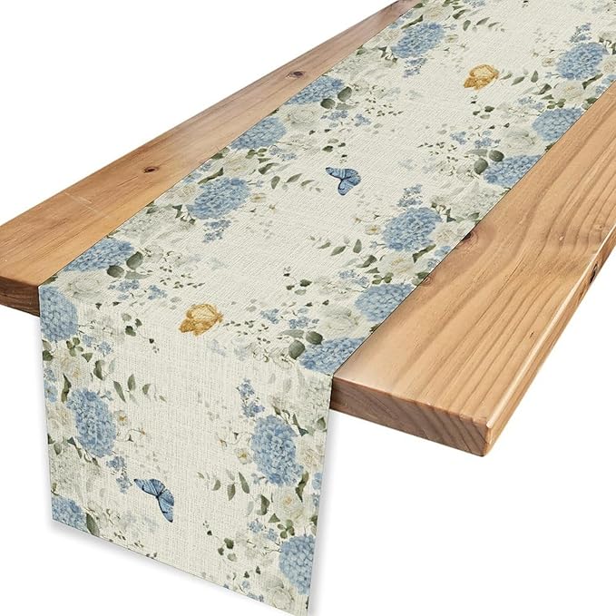 Hydrangea Table Runner, Rustic Country Blue Floral Watercolor Spring Summer Seasonal Flower Retro Coffee Table Center Decor for Family Kitchen and Dining Party Farmhouse Table Decorations, 13"x108"