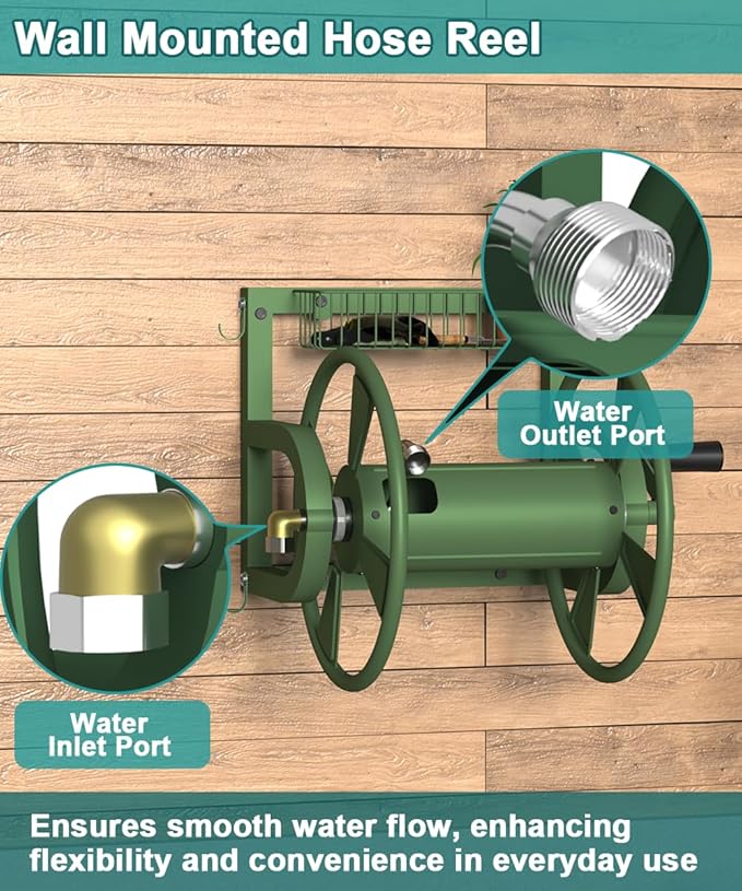 Artigarden Outdoor Wall Mounted Hose Reel with Hook, Garden Heavy-Duty Water Holder Winder with 3.9 ft Leader Hose, Brass Fitting and Storage Basket for Yard, Holds 125 Ft of 5/8-Inch Hoses, Green