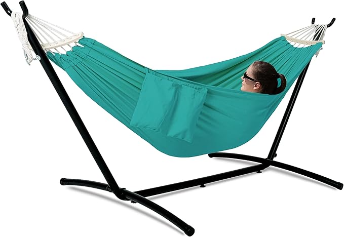 Gafete Double Hammock with Stand for Outside, Upgraded Spreader Bar, Heavy Duty Space Saving Steel Stand 2 Person, Side Pockets, Easy Assembly, 600lbs Weight Capacity, Indoor & Outdoor (Aqua Blue)