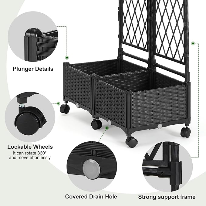 FOLLOOK Planter Box with Trellis, 4ft Tall Self-Watering Plastic Raised Garden Beds and Lattice Trellis with Lockable Wheels & Drain Plug for Outdoor Patio Backyard Balcony, Black, 2 Pcs
