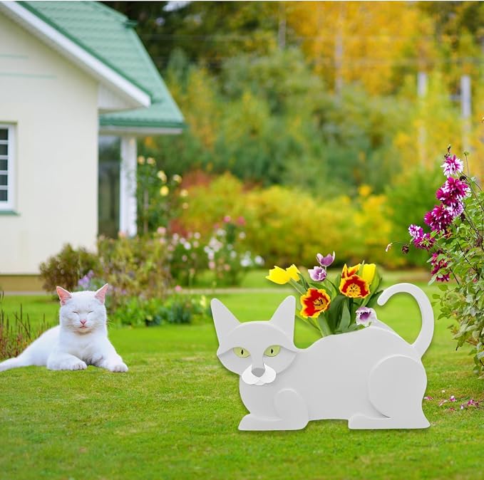 White Cat Planter Plant Pots,Cute Cat Flower Planter,Gifts for Pet Lovers,Unique Animal Plant Pots,Office,Indoor Outdoor Garden Decor（12.5 * 5.6 * 7.8in）
