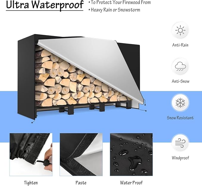 SunyesYoon Firewood Rack Outdoor 4ft with Waterproof Cover - Heavy Duty Log Racks Indoor Holder, Upgraded Adjustable Fire Wood Racks, Storage Organizer Stand Tool for Fireplace, Black
