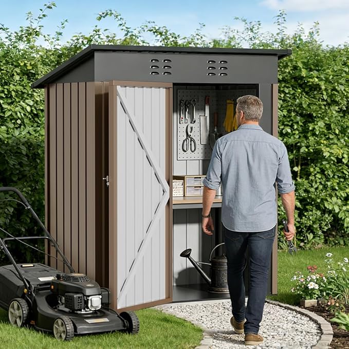 COMHOMA Shed Storage Outdoor Metal Windowed Lockable Solar Motion Light Adjustable Weatherproof Ventilated Backyard Garden Utility Workshop(Brown,5'*3')