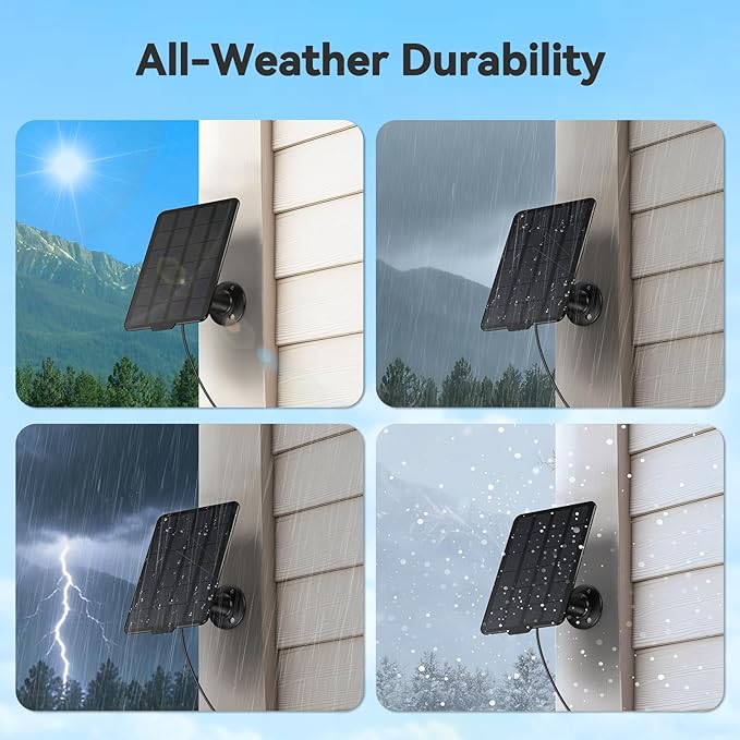 3W Solar Panel for Battery-Powered Security Cameras,USB-C & Micro USB Solar Charger for Wireless Outdoor Cameras,IP65 Waterproof, 9.8ft Cable, 360° Adjustable Mount (Black, 1 Pack)