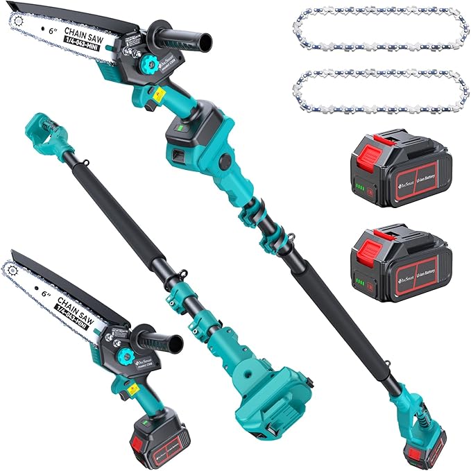 Electric Pole Saws for Tree Trimming, 2x4000mAh Brushless Mini Chainsaw Cordless with Extension Pole, Battery Powered Hand Held Chain Saw Pole Pruner for Cutting Tree Limbs, Gifts for Mother's Day