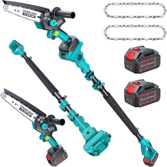 Electric Pole Saws for Tree Trimming, 2x4000mAh Brushless Mini Chainsaw Cordless with Extension Pole, Battery Powered Hand Held Chain Saw Pole Pruner for Cutting Tree Limbs, Gifts for Men Dad