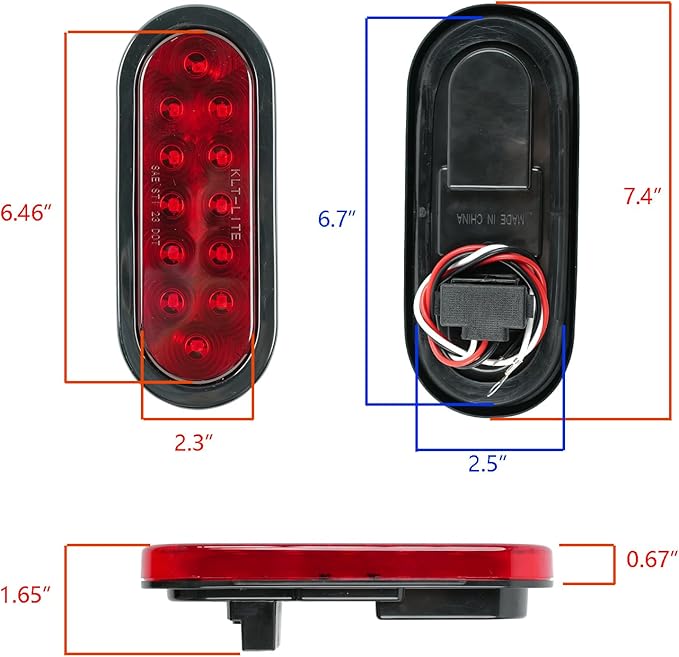 2PCS 6 Inch Oval Red LED Trailer Tail Lights, IP65 Waterproof Surface Mount Stop Brake Turn Signal Lights for Truck RV Boat Marine Camper, DOT Compliant Rear Trailer Lighting Kit(6" Oval 12LED Red)