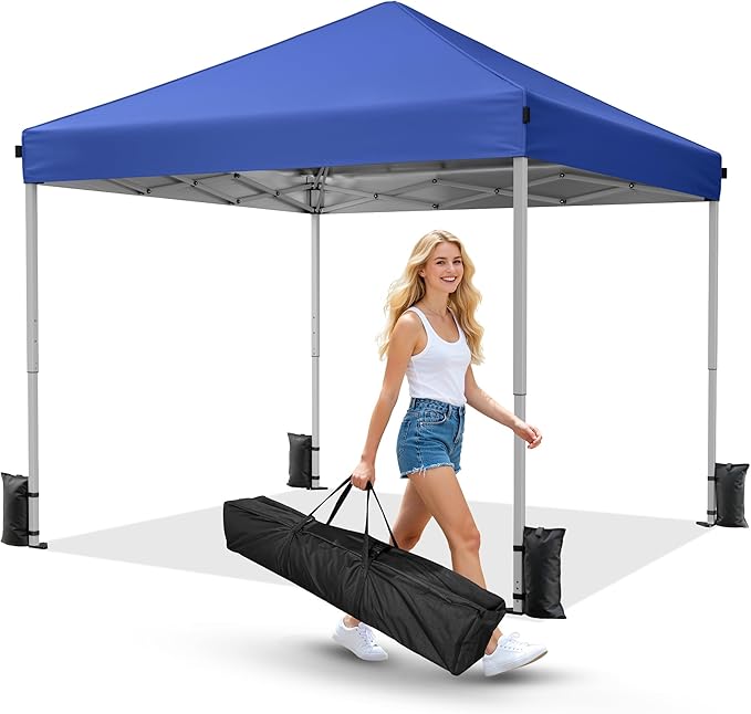 Driftalia 10x10 Pop Up Canopy Tent, Instant Setup Portable Canopy with Carry Bag, 4 Sandbags and 8 Stakes for Outdoor Events, Parties & Camping - Blue