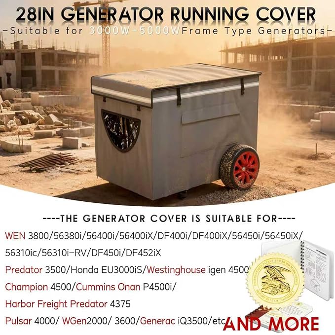 Generator Covers While Running, Universal Generator Cover, 600+210D Double Layer Production, Heavy Duty and Waterproof, 28 "L x 20" W x 20 "H, for 3000W-5000W+ Frame Type Generators, Grey