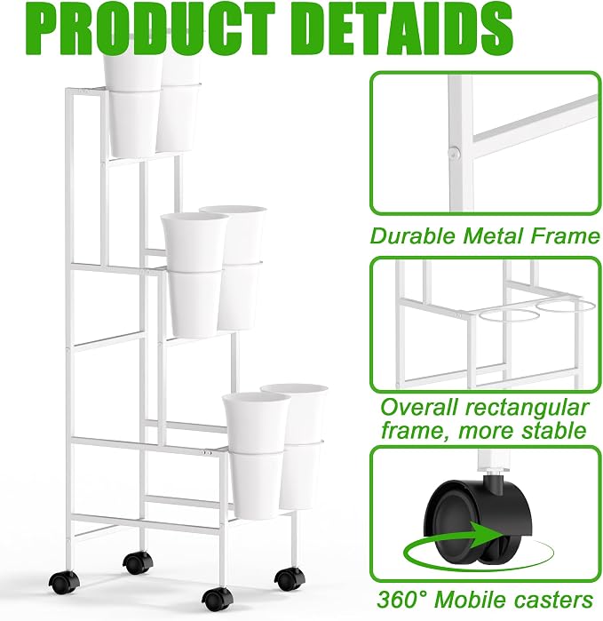 Flower Display Stand with 6 Buckets, Flower Cart with Wheels, 3 Layers Metal Flower Bar Stand Moving Flower Stand Florist Bouquet Shelf for Weddings Party Ceremony Indoor Outdoor Garden (White)