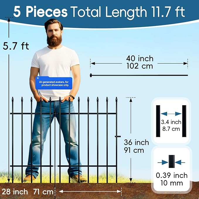 Thealyn Metal Garden Fence 36" H x 28" W, 5 Panels (4 Panels + 1 Gate), Total 11.6 feet, Metal Border Folding Fence, Landscape Fencing Dog Fence Pet Fence for Flower Bed, Yard, Animal Barrier