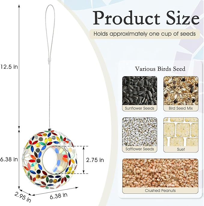 6 Inch Mosaic Glass Hanging Bird Feeder for Outdoors，Fly Through Bird Feeders for Wild Birds, Cute Seed Container with Round Shape for Backyard Window Garden Porch, Colorful Floral Mosaic