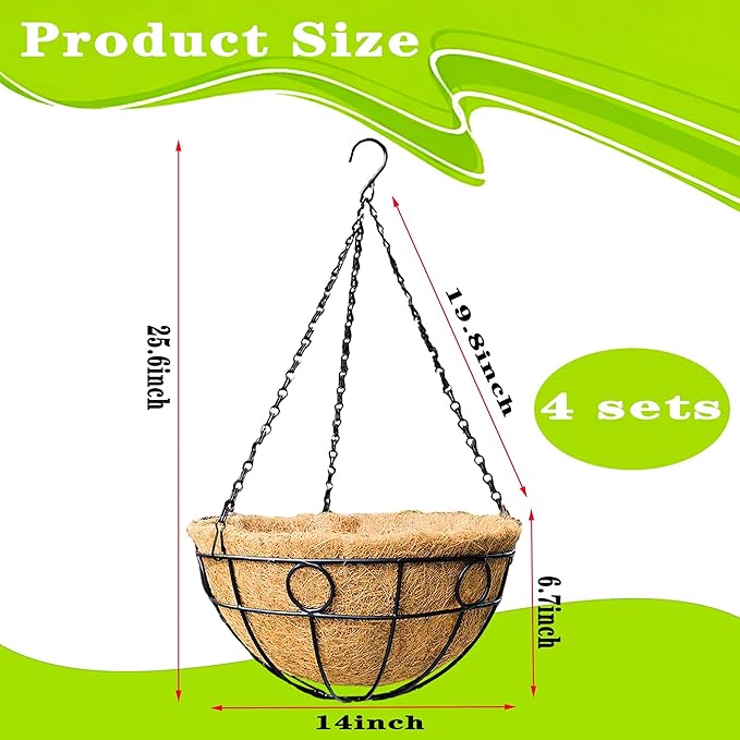 4 Pack 14" Round Metal Hanging Basket for Outdoor Plants Durable Large Hanging Planter with Coco Coir Round Plant Holders Planter for Outside Garden Decoration (Circular)