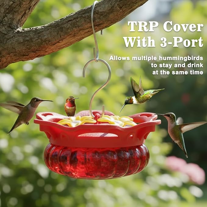 Fchstaer Set of 2 Glass Hummingbird Feeders for Outdoors Hanging with 3 Bee Guard Feeding Ports, 3.4OZ Handheld Humming Birds Feeders for Outside, Gifts for Women Mom, Red