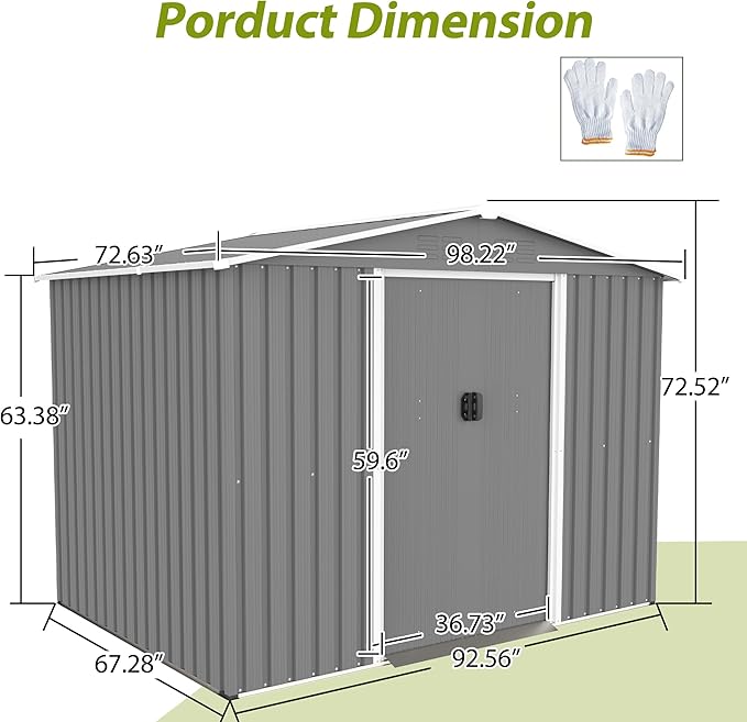 YOPTO 8X6 FT Outdoor Storage Shed with Roof,Waterproof House Tool Cabinet W/Metal Foundation & Lockable Doors,for Shovels,Umbrellas,Antennas,Escalators,Gray
