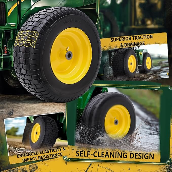 16x6.50-8 Tire and Wheel Assembly (2 Pack), Pre-Installed 3/4" Bushing, 3" Offset Hub, Flat Free Solid Rubber Tire, For Compatible 3/4" Axle Lawn & Garden Equipment (Yellow)