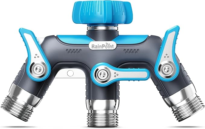 RAINPOINT 3 Way Hose Splitter, 100% Metal Heavy Duty Garden Hose Splitter With 1.9" Extra Long Handle & Individual Shut Off, 3/4 Inch GHT Thread Water Hose Connector For Outdoor Spigot Faucet (Blue)