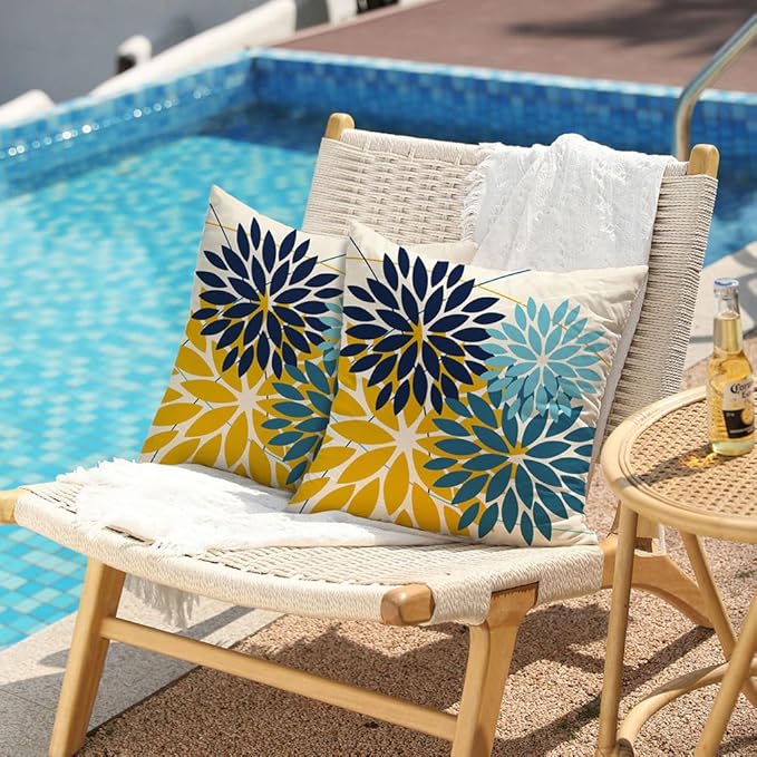 DFXSZ Outdoor Pillow Covers 16x16 Inch Set of 2 Green Yellow Blue Flower Decorative Waterproof Spring Summer Outdoor Pillow Covers for Patio Funiture Garden Couch 168F16