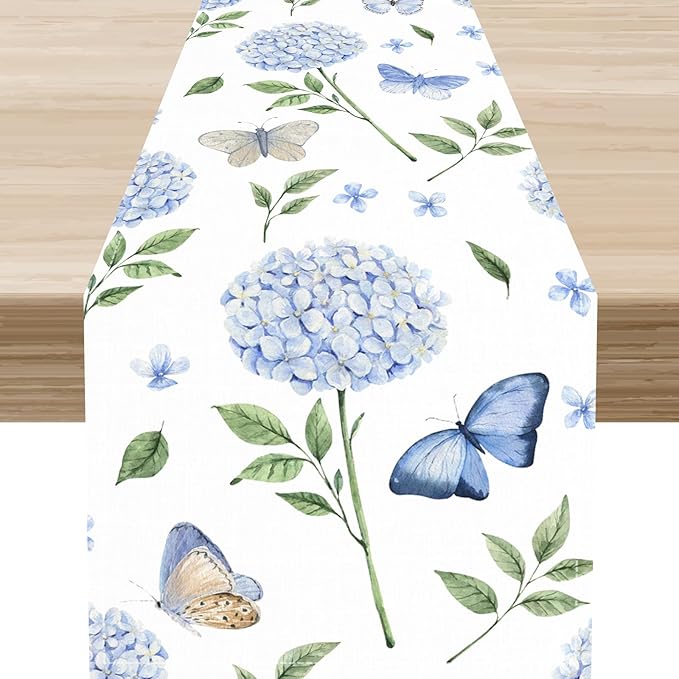 Blue Hydrangea Table Runner, Rustic Boho Watercolor Floral Spring Summer Seasonal Flower Butterfly Farmhouse Coffee Table Center Decor for Family Kitchen and Dining Party Table Decorations, 13"x108"